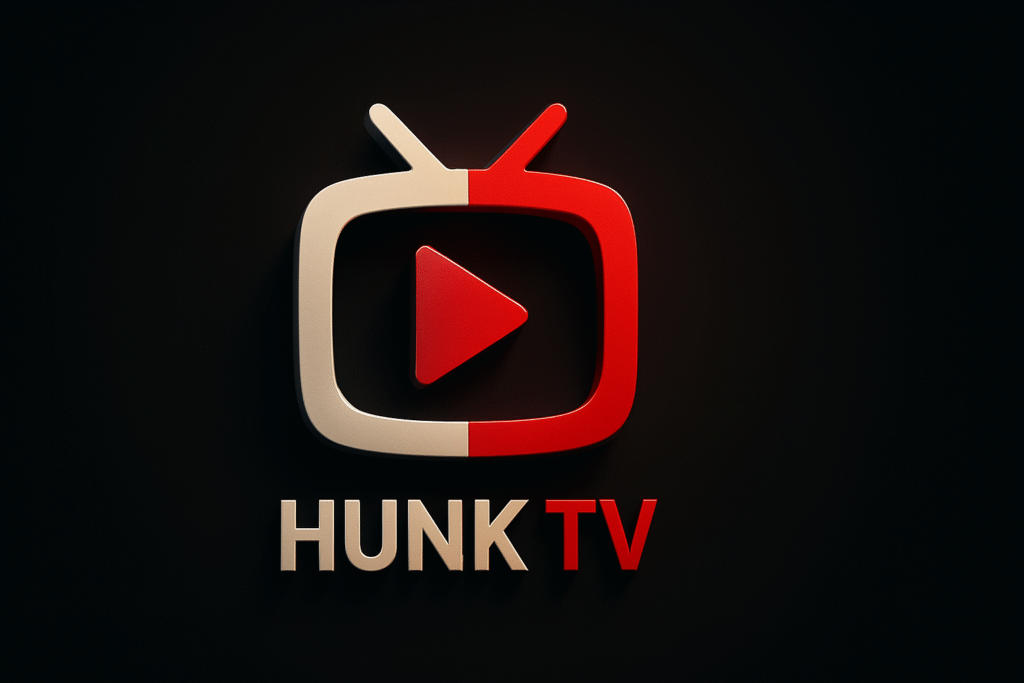 3D logo of Hunk TV featuring a red and beige retro television icon with a play button in the center, set against a dark background