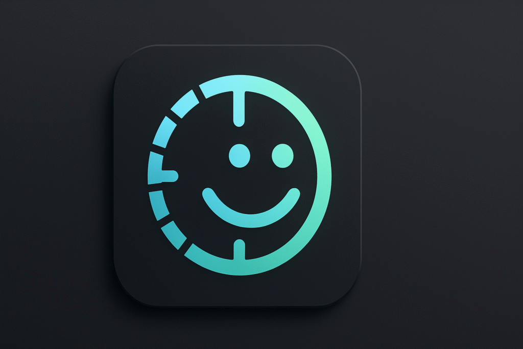 A modern app icon featuring a turquoise smiley face integrated with a broken clock design on a dark rounded square background.