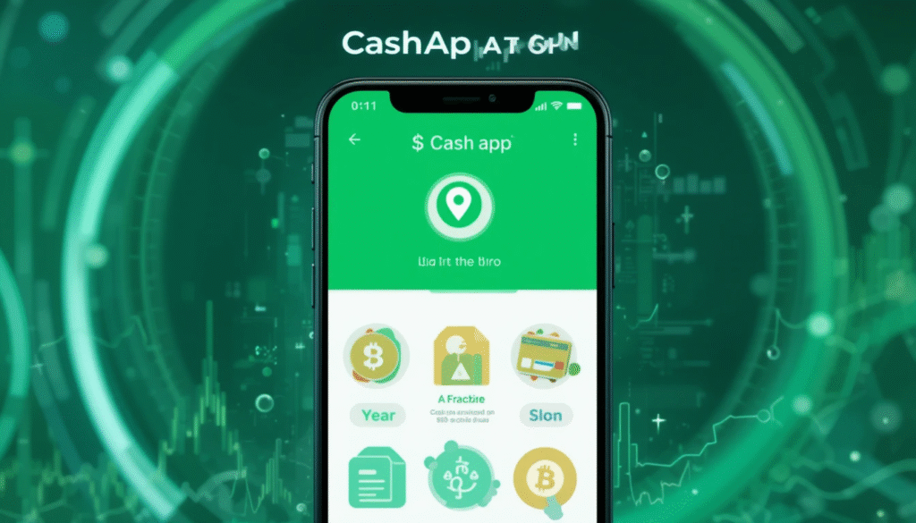 Smartphone screen displaying the Cash App APK interface with cryptocurrency and finance icons, set against a futuristic green digital background.