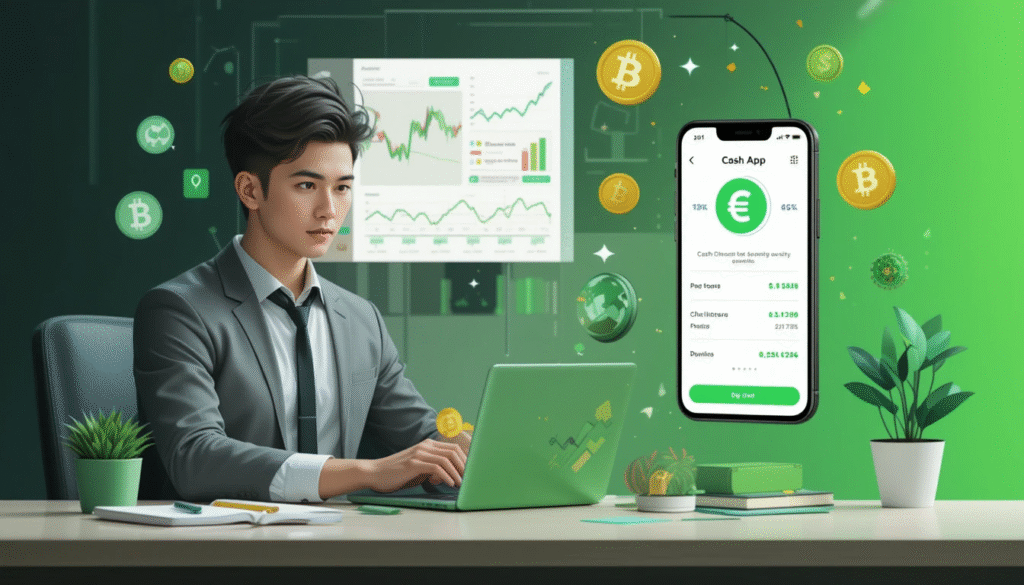 Businessman analyzing financial charts on a laptop with floating cryptocurrency icons and a smartphone displaying the Cash App APK interface, set in a green tech-themed background.